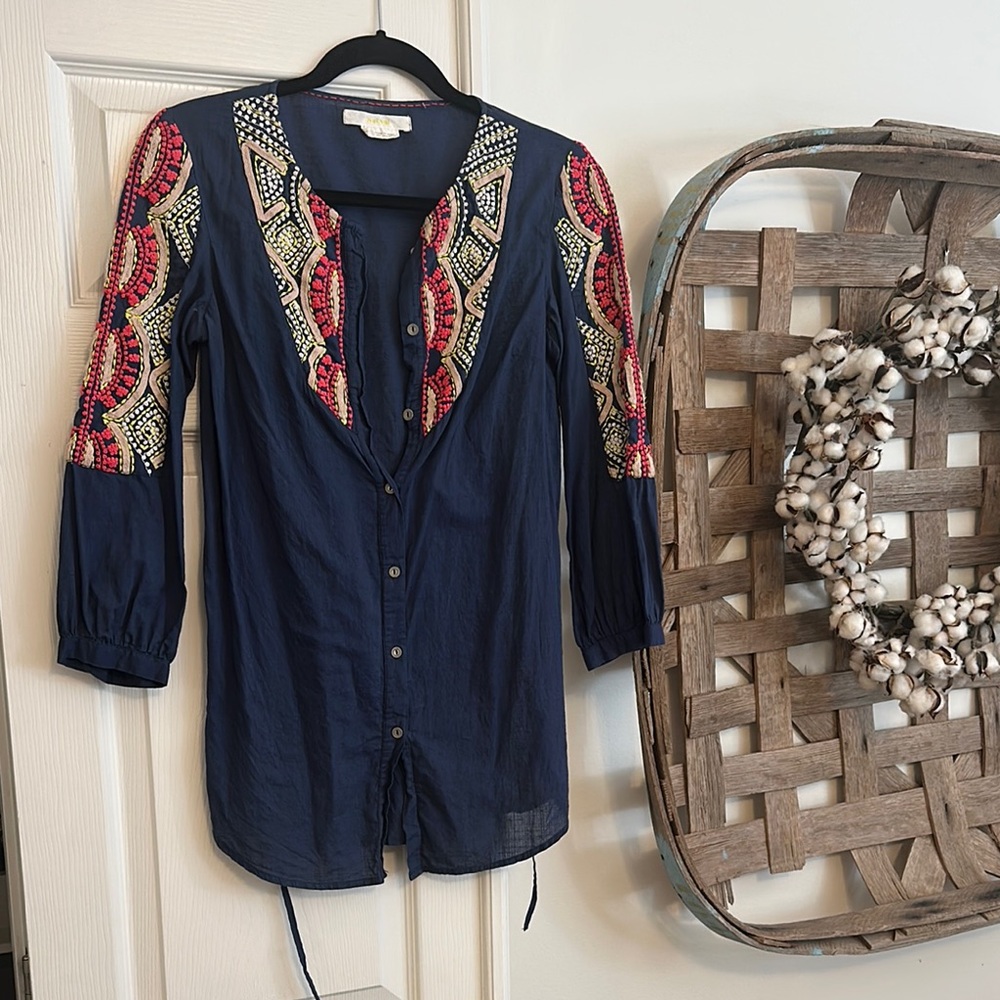 Anthropologie Navy Embroidered Women's Top